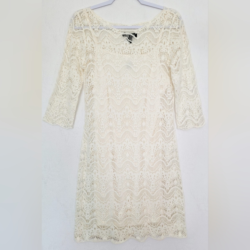 Ralph Lauren 100%Cotton White Crochet Sheath Dress 3/4 Sleeve Crew Neck Lined M - Picture 11 of 16